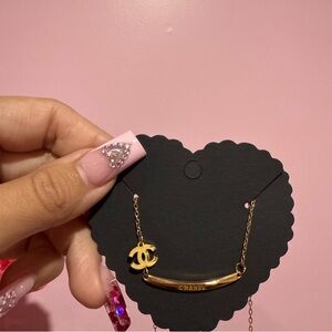 Gold Bar Necklace with CC Charm - Pink Accent